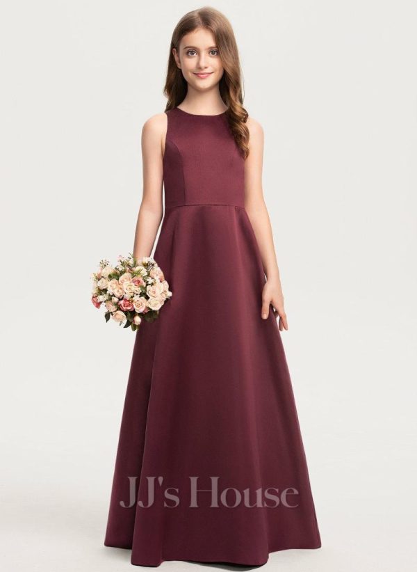 Junior Bridesmaid Dresses | A-line Scoop Floor-Length Satin Junior Bridesmaid Dress Cabernet – Girls