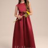 Junior Bridesmaid Dresses | A-line Scoop Floor-Length Satin Junior Bridesmaid Dress With Bow Burgundy – Girls