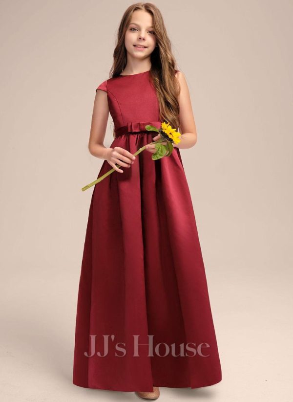 Junior Bridesmaid Dresses | A-line Scoop Floor-Length Satin Junior Bridesmaid Dress With Bow Burgundy – Girls