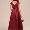 Junior Bridesmaid Dresses | A-line Scoop Floor-Length Satin Junior Bridesmaid Dress With Bow Burgundy – Girls