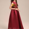 Junior Bridesmaid Dresses | A-line Scoop Floor-Length Satin Junior Bridesmaid Dress With Bow Burgundy – Girls