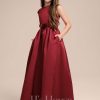 Junior Bridesmaid Dresses | A-line Scoop Floor-Length Satin Junior Bridesmaid Dress With Bow Burgundy – Girls