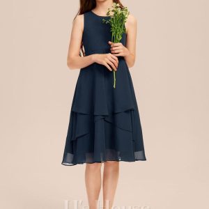 Junior Bridesmaid Dresses | A-line Scoop Knee-Length Chiffon Junior Bridesmaid Dress Dark Navy – Girls