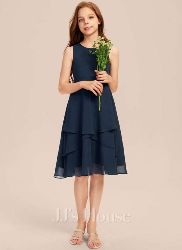 Junior Bridesmaid Dresses | A-line Scoop Knee-Length Chiffon Junior Bridesmaid Dress Dark Navy – Girls