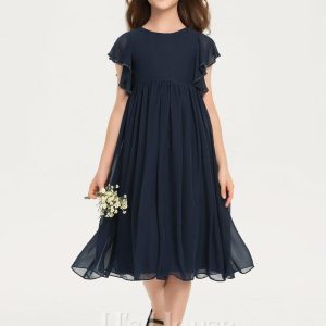 Junior Bridesmaid Dresses | A-line Scoop Knee-Length Chiffon Junior Bridesmaid Dress With Beading Dark Navy – Girls