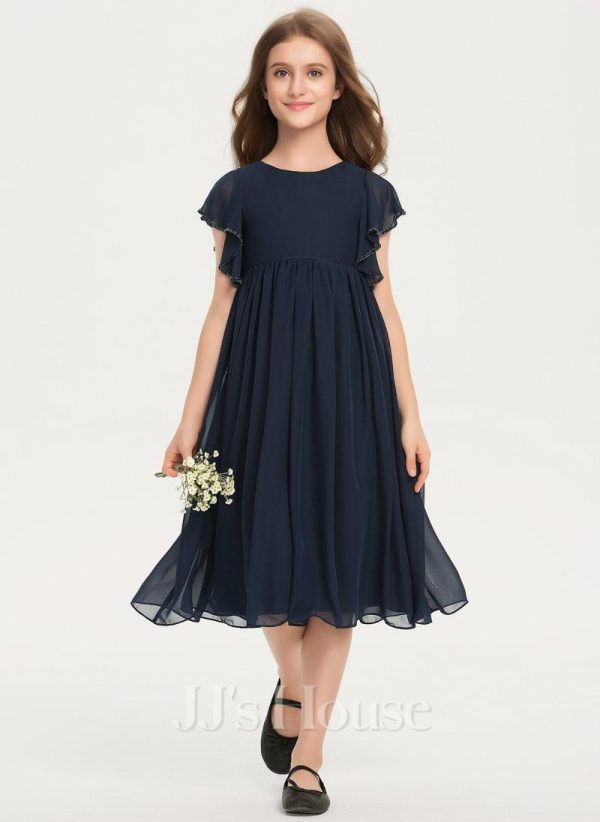 Junior Bridesmaid Dresses | A-line Scoop Knee-Length Chiffon Junior Bridesmaid Dress With Beading Dark Navy – Girls