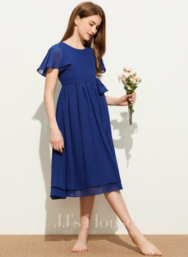 Junior Bridesmaid Dresses | A-line Scoop Knee-Length Chiffon Junior Bridesmaid Dress With Bow As Picture – Girls