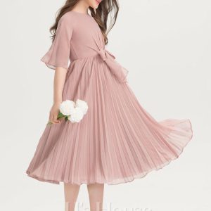 Junior Bridesmaid Dresses | A-line Scoop Knee-Length Chiffon Junior Bridesmaid Dress With Bow Pleated Dusty Rose – Girls