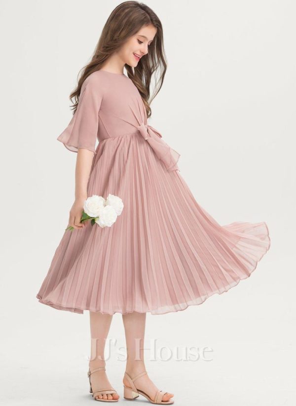 Junior Bridesmaid Dresses | A-line Scoop Knee-Length Chiffon Junior Bridesmaid Dress With Bow Pleated Dusty Rose – Girls