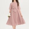 Junior Bridesmaid Dresses | A-line Scoop Knee-Length Chiffon Junior Bridesmaid Dress With Bow Pleated Dusty Rose – Girls