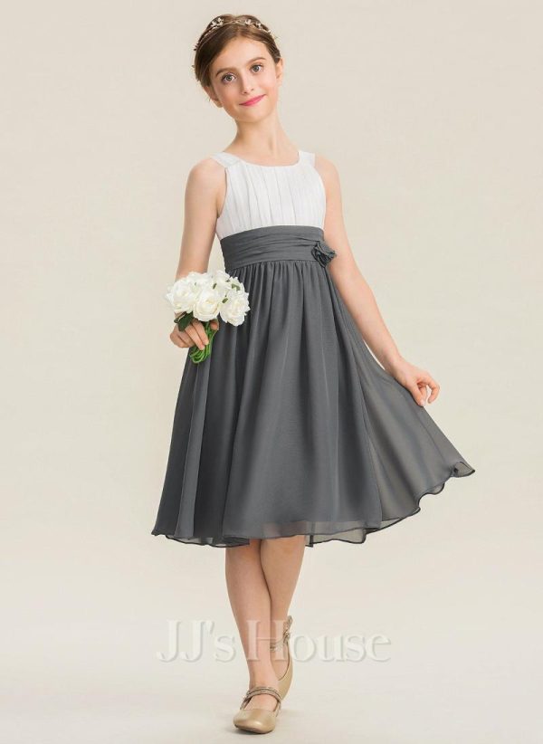 Junior Bridesmaid Dresses | A-line Scoop Knee-Length Chiffon Junior Bridesmaid Dress With Flower Steel Grey – Girls