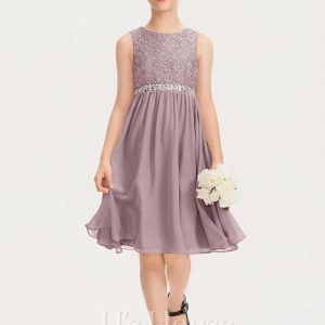 Junior Bridesmaid Dresses | A-line Scoop Knee-Length Chiffon Lace Junior Bridesmaid Dress With Beading Bow Dusk – Girls