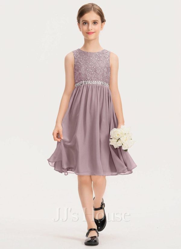 Junior Bridesmaid Dresses | A-line Scoop Knee-Length Chiffon Lace Junior Bridesmaid Dress With Beading Bow Dusk – Girls