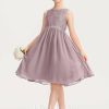 Junior Bridesmaid Dresses | A-line Scoop Knee-Length Chiffon Lace Junior Bridesmaid Dress With Beading Bow Dusk – Girls