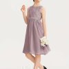 Junior Bridesmaid Dresses | A-line Scoop Knee-Length Chiffon Lace Junior Bridesmaid Dress With Beading Bow Dusk – Girls