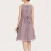 Junior Bridesmaid Dresses | A-line Scoop Knee-Length Chiffon Lace Junior Bridesmaid Dress With Beading Bow Dusk – Girls