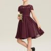 Junior Bridesmaid Dresses | A-line Scoop Knee-Length Chiffon Lace Junior Bridesmaid Dress With Bow Cabernet – Girls