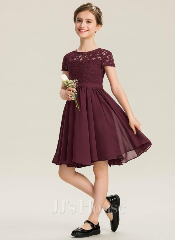 Junior Bridesmaid Dresses | A-line Scoop Knee-Length Chiffon Lace Junior Bridesmaid Dress With Bow Cabernet – Girls