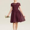 Junior Bridesmaid Dresses | A-line Scoop Knee-Length Chiffon Lace Junior Bridesmaid Dress With Bow Cabernet – Girls