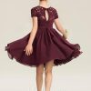 Junior Bridesmaid Dresses | A-line Scoop Knee-Length Chiffon Lace Junior Bridesmaid Dress With Bow Cabernet – Girls