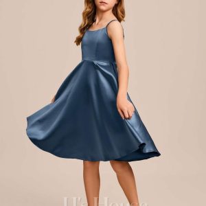 Junior Bridesmaid Dresses | A-line Scoop Knee-Length Satin Junior Bridesmaid Dress Navy Blue – Girls