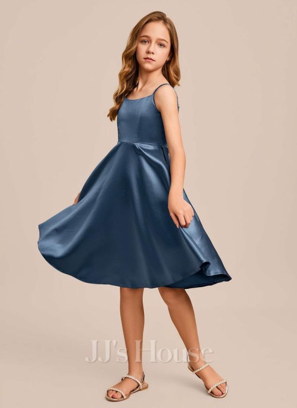 Junior Bridesmaid Dresses | A-line Scoop Knee-Length Satin Junior Bridesmaid Dress Navy Blue – Girls