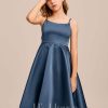 Junior Bridesmaid Dresses | A-line Scoop Knee-Length Satin Junior Bridesmaid Dress Navy Blue – Girls