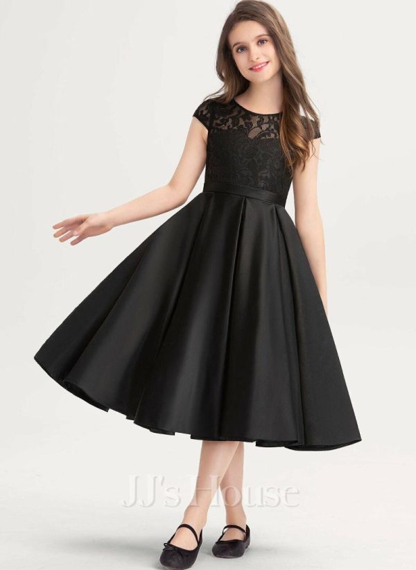 Junior Bridesmaid Dresses | A-line Scoop Knee-Length Satin Lace Junior Bridesmaid Dress Black – Girls