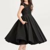 Junior Bridesmaid Dresses | A-line Scoop Knee-Length Satin Lace Junior Bridesmaid Dress Black – Girls