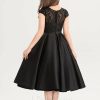 Junior Bridesmaid Dresses | A-line Scoop Knee-Length Satin Lace Junior Bridesmaid Dress Black – Girls