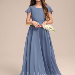 Junior Bridesmaid Dresses | A-line Square Floor-Length Chiffon Junior Bridesmaid Dress Slate Blue – Girls