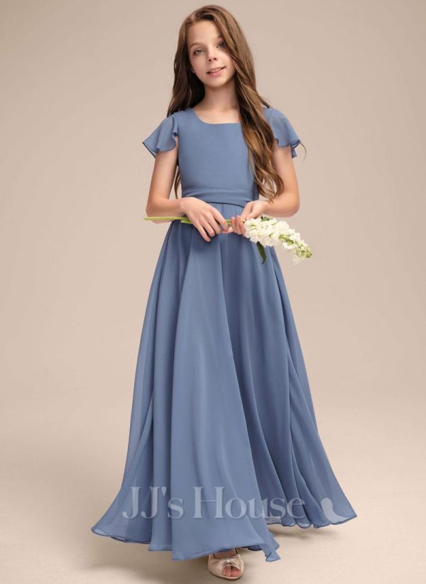 Junior Bridesmaid Dresses | A-line Square Floor-Length Chiffon Junior Bridesmaid Dress Slate Blue – Girls