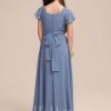 Junior Bridesmaid Dresses | A-line Square Floor-Length Chiffon Junior Bridesmaid Dress Slate Blue – Girls