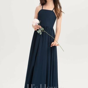 Junior Bridesmaid Dresses | A-line Square Floor-Length Chiffon Junior Bridesmaid Dress With Bow Dark Navy – Girls