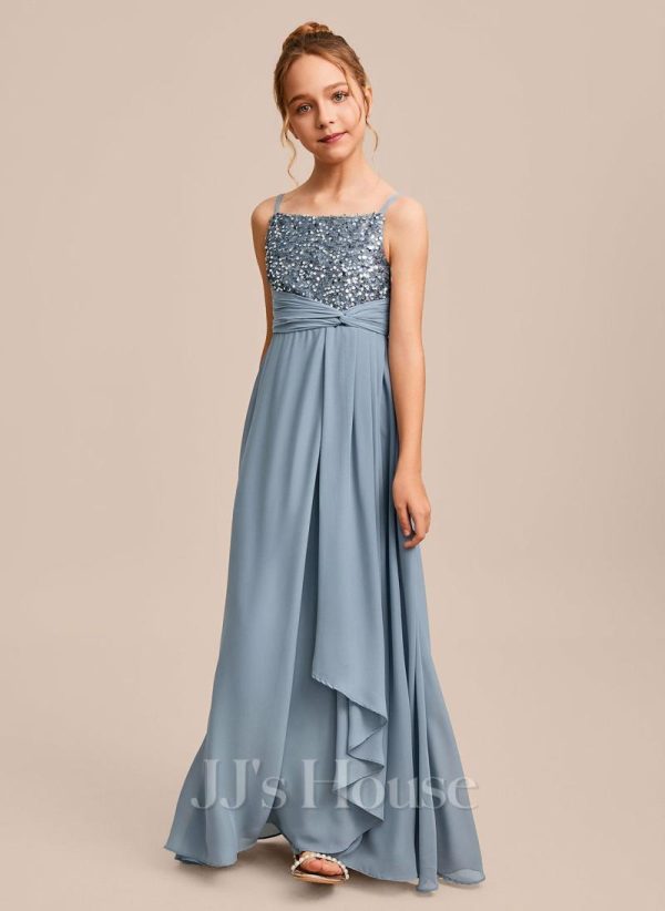 Junior Bridesmaid Dresses | A-line Square Floor-Length Chiffon Sequin Junior Bridesmaid Dress Dusty Blue – Girls