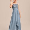 Junior Bridesmaid Dresses | A-line Square Floor-Length Chiffon Sequin Junior Bridesmaid Dress Dusty Blue – Girls