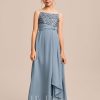 Junior Bridesmaid Dresses | A-line Square Floor-Length Chiffon Sequin Junior Bridesmaid Dress Dusty Blue – Girls