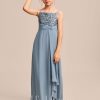 Junior Bridesmaid Dresses | A-line Square Floor-Length Chiffon Sequin Junior Bridesmaid Dress Dusty Blue – Girls