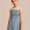 Junior Bridesmaid Dresses | A-line Square Floor-Length Chiffon Sequin Junior Bridesmaid Dress Dusty Blue – Girls