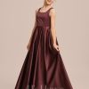 Junior Bridesmaid Dresses | A-line Square Floor-Length Satin Junior Bridesmaid Dress Cabernet – Girls