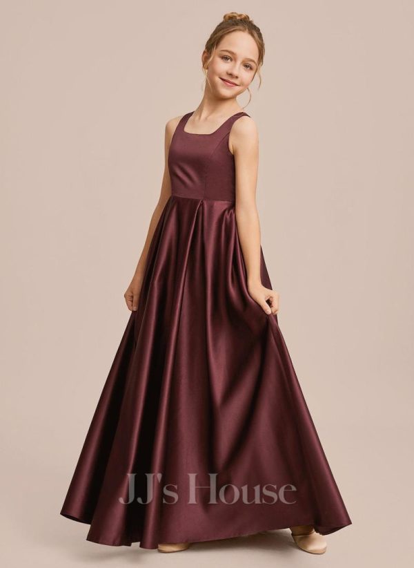 Junior Bridesmaid Dresses | A-line Square Floor-Length Satin Junior Bridesmaid Dress Cabernet – Girls