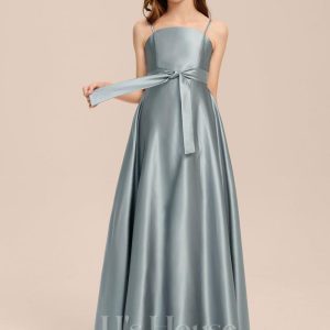 Junior Bridesmaid Dresses | A-line Square Floor-Length Satin Junior Bridesmaid Dress With Bow Dusty Blue – Girls