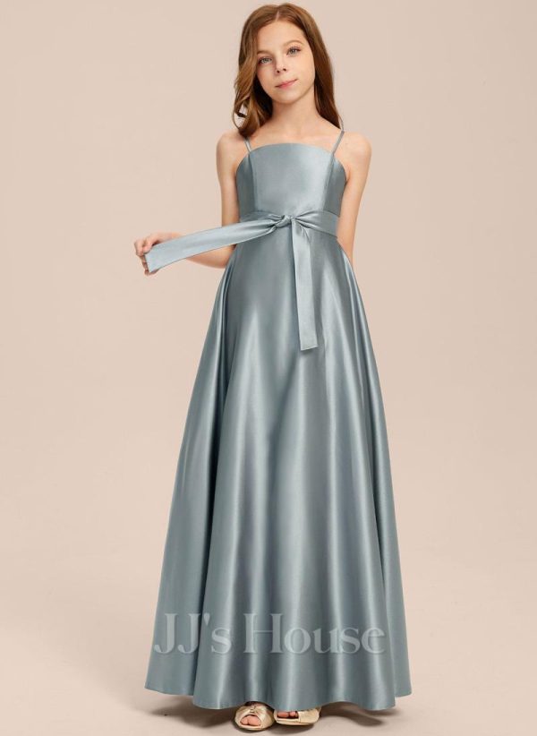 Junior Bridesmaid Dresses | A-line Square Floor-Length Satin Junior Bridesmaid Dress With Bow Dusty Blue – Girls