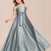 Junior Bridesmaid Dresses | A-line Square Floor-Length Satin Junior Bridesmaid Dress With Bow Dusty Blue – Girls