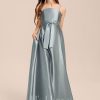 Junior Bridesmaid Dresses | A-line Square Floor-Length Satin Junior Bridesmaid Dress With Bow Dusty Blue – Girls