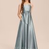 Junior Bridesmaid Dresses | A-line Square Floor-Length Satin Junior Bridesmaid Dress With Bow Dusty Blue – Girls