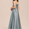 Junior Bridesmaid Dresses | A-line Square Floor-Length Satin Junior Bridesmaid Dress With Bow Dusty Blue – Girls