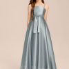 Junior Bridesmaid Dresses | A-line Square Floor-Length Satin Junior Bridesmaid Dress With Bow Dusty Blue – Girls