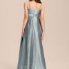 Junior Bridesmaid Dresses | A-line Square Floor-Length Satin Junior Bridesmaid Dress With Bow Dusty Blue – Girls