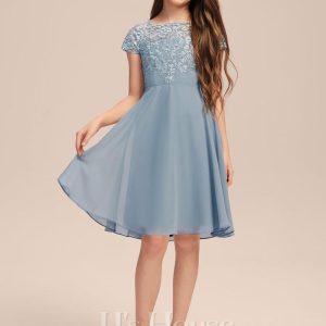 Junior Bridesmaid Dresses | A-line Square Knee-Length Chiffon Lace Junior Bridesmaid Dress Dusty Blue – Girls